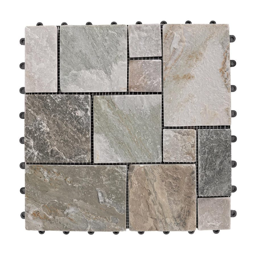 Close-up of interlocking natural stone tile and its connecting edges